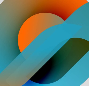 Üst üste binen şekiller, gradyanlar içeren soyut kompozisyon. Turuncu, deniz mavisi, siyah renkler dinamik görsel efekt yaratır. Modern tasarım.