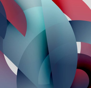 Soyut şekiller üst üste binerek katmanlı görsel efekt yaratır. Maviler, kırmızılar, beyazlar kompozisyona hakim. Yumuşak gradyanlar modern estetik sunar.