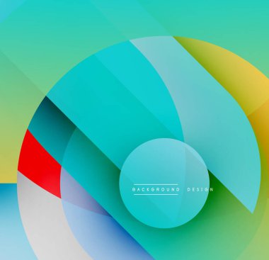 Soyut tasarım özellikleri üst üste binen renkli daireler, gradyanlar. Teal, sarı, kırmızı renkler dinamik görsel efekt yaratır. Modern, temiz estetik.