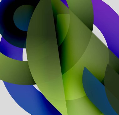 Soyut kompozisyon. Üst üste binen şekiller dinamik görsel deneyimler yaratır. Yeşiller, maviler, morlar palete hakim. Yumuşak eğimler mevcut derinlik.