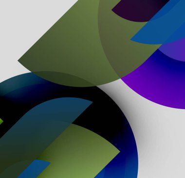 Soyut kompozisyon. Üst üste binen şekiller dinamik görsel efekt yaratır. Renkler harmanlanır, değişkenler oluşur, modern tasarım.