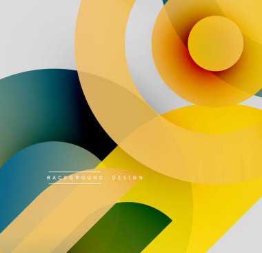 Soyut çemberler çakışıyor, dinamik eğimler yaratıyor. Sarılar, yeşiller, maviler kompozisyona hakim. Modern tasarım ögesi.