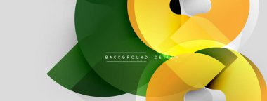 Soyut şekiller örtüşür, dinamik bileşim yaratır. Sarı, turuncu, yeşil renkler tasarımda baskın. Minimalist tarz, modern estetik.