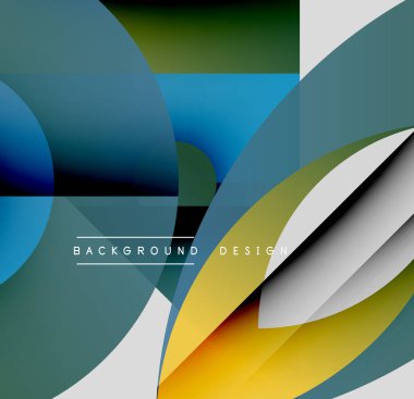 Soyut geometrik şekiller çakışıyor. Renkler mavi, yeşiller, sarılar, beyazlar. Modern tasarım, dinamik görsel deneyimi anımsatıyor.