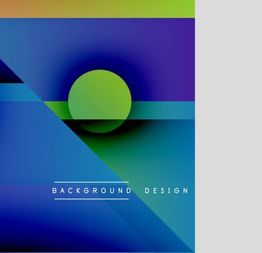 Soyut geometrik tasarım. Canlı renkler harmanlanarak, dinamik görsel efekt yaratır. Şekiller çakışıyor, modern bileşimi oluşturuyor.