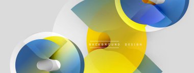 Soyut geometrik şekiller örtüşür, parlak sarı ve mavi renkler yaratır. Gri arkaplan karşıtlık ve modern tasarım estetiği sağlar.