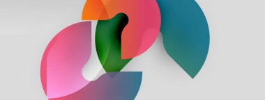 Soyut renkli şekiller örtüşür, dinamik bileşim yaratır. Yumuşak eğimler derinlik ve ışık etkileşimi olduğunu gösteriyor. Minimalist tasarım, modern estetik.