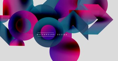 Soyut şekiller örtüşüyor, canlı gradyanlar yaratıyor. Mor, mavi renkler modern estetik sunarak tasarıma hükmediyor. Minimalist stil.