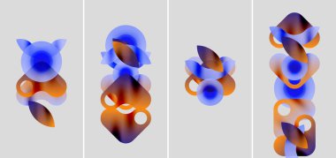 Soyut şekiller mavi ve turuncu renkleri harmanlıyor. Dört panelde sıvı formları, gradyanlar ve yumuşak kenarlar var. Minimalist tasarım organik hareketi çağrıştırıyor.