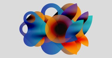 Soyut kompozisyon. Üst üste binen renkli şekiller dinamik görsel efekt yaratır. Mavi, turuncu, mor renkler tarafsız arkaplanda baskın.