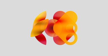 Soyut şekiller üst üste binerek sıcak renk değişimleri yaratıyor. Turuncu, kırmızı renkler nötr arkaplana hakim. Sıvı formları hareketi, enerjiyi akla getiriyor.