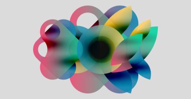 Soyut renkli şekiller örtüşür, dinamik görsel efekt yaratır. Yumuşak eğimler karışır ve sıvı bileşimi oluşturur. Modern tasarım.