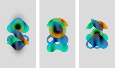 Soyut renkli şekiller çakışıyor ve sıvı formlar yaratıyor. Üç panelde benzer bileşimler var, biraz değişkenlik gösteriyor. Yumuşak gradyanlar görsellere hakim olur.