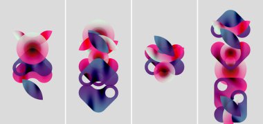 Soyut şekiller, canlı renkler, akan şekiller. Pembe, mor, mavi renkler dinamik kompozisyonlar oluşturur. Minimalist arkaplan görsel etkiyi arttırır.