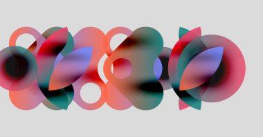 Soyut kompozisyon. Üstüste binen yarı saydam daireler, pembeler, maviler, yeşiller dinamik görsel efektler yaratır. Minimalist tasarım, yumuşak eğimler.