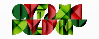 Soyut geometrik şekiller, yeşil, kırmızı renkler karmaşık bileşim oluşturur. Modern tasarım, temiz çizgiler, minimalist estetik.