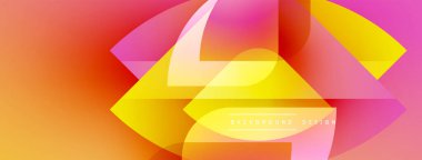 Soyut geometrik şekiller örtüşür, parlak turuncu, sarı ve pembe renkler yaratır. Arkaplan, pankart ve sunumlar için modern tasarım ögesi.