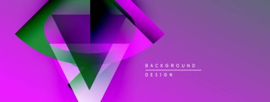 Soyut geometrik şekiller örtüşür, canlı mor gradyan arkaplan oluşturur. Modern tasarım elementleri yenilik ve teknoloji öneriyor.