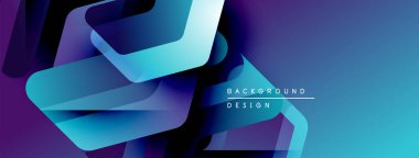 Soyut geometrik şekiller örtüşür, dinamik mavi mor gradyan arkaplan oluşturur. Modern tasarım elementleri yenilik ve teknoloji öneriyor.