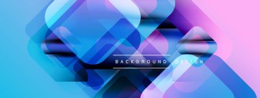 Soyut geometrik şekiller örtüşür, parlak mavi, mor ve pembe renkler yaratır. Modern tasarım elementleri teknoloji ve yenilik öneriyor.