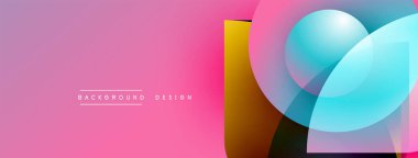 Soyut geometrik şekiller örtüşüyor, canlı renk eğimleri yaratıyor. Pembe arkaplan metin arkaplan tasarımı içerir. Modern, minimalist estetik.