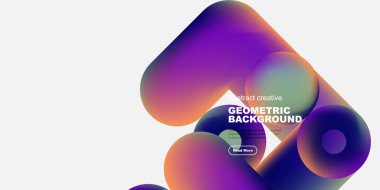 Soyut şekiller örtüşüyor, canlı mor, mavi renkler yaratıyor. Metin elementli minimalist tasarım. Modern, temiz estetik.