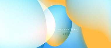 Soyut sıvı şekiller harmanlanır. Açık mavi, turuncu renkler yumuşak bir eğim yaratır. Metin kaplamalı minimalist tasarım, tasarım.