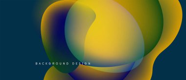 Soyut sıvı şekilleri örtüşür ve canlı renk değişimleri yaratır. Koyu mavi arka plan parlak sarı ve yeşil renklerle çelişiyor. Modern tasarım ögesi.