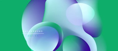 Soyut sıvı şekilleri örtüşür ve canlı renk değişimleri yaratır. Yeşil arkaplan mavi ve mor renkleri tamamlar. Modern tasarım ögesi.