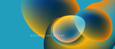 Soyut sıvı şekilleri kesişir. Canlı maviler, portakallar, sarılar dinamik kompozisyon oluşturur. Modern arkaplan tasarımı, pürüzsüz gradyanlar.