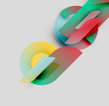 Soyut renkli şekiller örtüşür, dinamik bileşim yaratır. Gradyanlar kırmızı, yeşil, sarı, turkuaz karışımı. Minimalist tasarım, modern estetik.