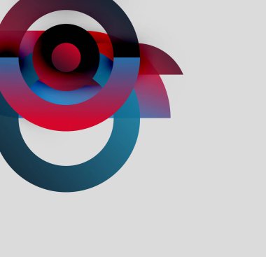 Soyut kompozisyon. Eşmerkezli daireler, kırmızı, mavi renkler baskın. Minimalist tasarım, modern estetik, mevcut temiz çizgiler.