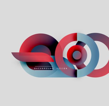 Soyut geometrik şekiller çakışıyor. Kırmızı, mavi gradyanlar dinamik görsel efekt yaratır. Altında metin ögesi olan minimalist tasarım.