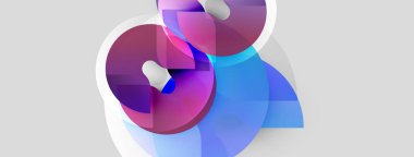 Soyut şekiller örtüşür, canlı renk karışımları yaratır. Pembe, mavi, mor renkler kompozisyona hakim. Yumuşak eğimler akıcılığı, derinliği gösterir.