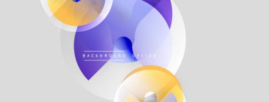 Soyut sıvı şekilleri üst üste binerek dinamik bileşim oluşturur. Yumuşak gradyanlar mor, mavi ve turuncu renkleri harmanlarlar. Metin elementli minimalist tasarım.