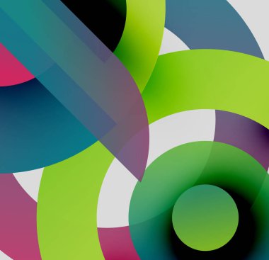 Soyut kompozisyon. Üst üste binen renkli daireler, dikdörtgenler dinamik görsel deneyimler yaratır. Parlak renkler koyu arkaplana hakim.