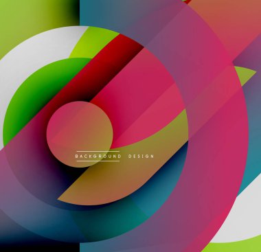 Soyut renkli tasarım. Üst üste binen daireler, üçgenler dinamik bileşim oluşturur. Gradyan renkler kusursuz bir şekilde harmanlanır. Modern estetik.