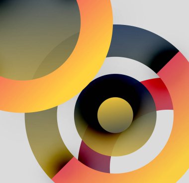 Soyut daireler örtüşür, canlı renk karışımları yaratır. Tasarım sıcak, serin tonlar, geometrik şekiller içerir. Modern estetik.