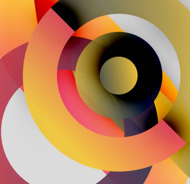 Soyut daireler çakışıyor, dinamik görsel etki yaratıyor. Sıcak, serin renkler karışıyor, karmaşık desenler oluşturuyor. Modern tasarım.