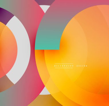 Soyut çemberler çakışıyor, canlı gradyanlar yaratıyor. Sıcak renkler baskın, havalı aksanlarla. Modern tasarım, pürüzsüz geçiş.