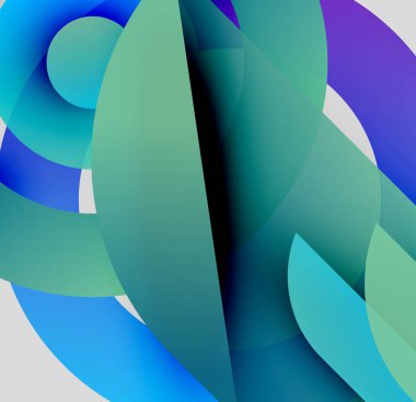 Soyut şekiller örtüşür, parlak mavi, yeşil ve mor renkler yaratır. Minimalist tasarım, pürüzsüz geçişler, modern estetik.