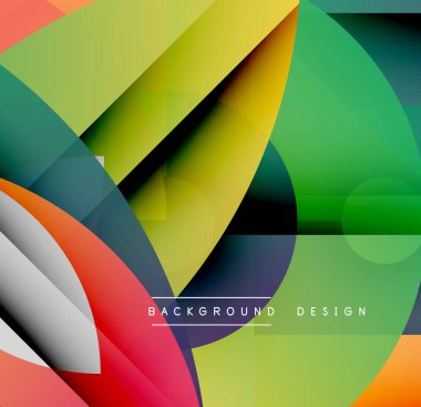Soyut geometrik şekiller örtüşüyor, canlı renk eğimleri yaratıyor. Tasarım özellikleri daireler, üçgenler, çizgiler, modern estetik.