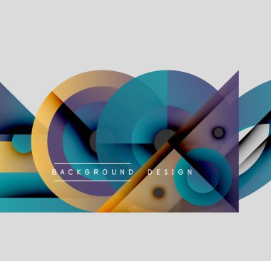 Soyut geometrik şekiller çakışıyor. Canlı renkler dinamik bileşim yaratır. Modern tasarım elementleri yenilik ve akıcılık öneriyor.