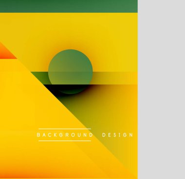 Soyut geometrik bileşim. Sarı egemen, yeşil, turuncu, gri aksanlı. Minimalist tasarım, temiz çizgiler, modern estetik..