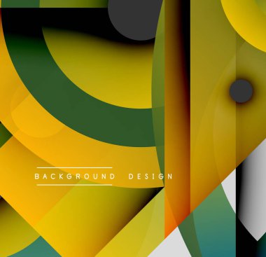 Soyut geometrik şekiller çakışıyor. Sarılar, yeşiller, siyahlar dinamik kompozisyon oluşturur. Modern tasarım elementleri pürüzsüz eğimler sunar.