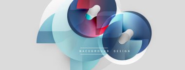 Soyut geometrik şekiller örtüşür, dinamik görsel efekt yaratır. Mavi, kırmızı, beyaz renkler kompozisyona hakim. Modern tasarım ögesi.