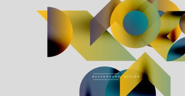 Soyut geometrik şekiller örtüşüyor, canlı renk eğimleri yaratıyor. Tasarım, açık gri arkaplanda sarı, deniz mavisi ve siyah renklere sahiptir..