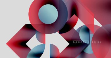 Soyut geometrik şekiller çakışıyor. Kırmızı, mavi renkler kompozisyona hakim. Modern tasarım elementleri dinamik görsel efekt yaratır.