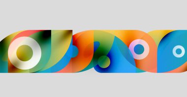 Soyut renkli şekiller örtüşür, dinamik görsel efekt yaratır. Çemberler, kıvrımlar, gradyanlar kompozisyona hakim. Modern tasarım.