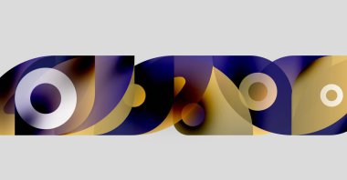 Üst üste binen daireler, kıvrımlar, altın ve donanma renklerinden oluşan soyut bir kompozisyon. Gradyan etkileri olan modern tasarım, basit şekiller..